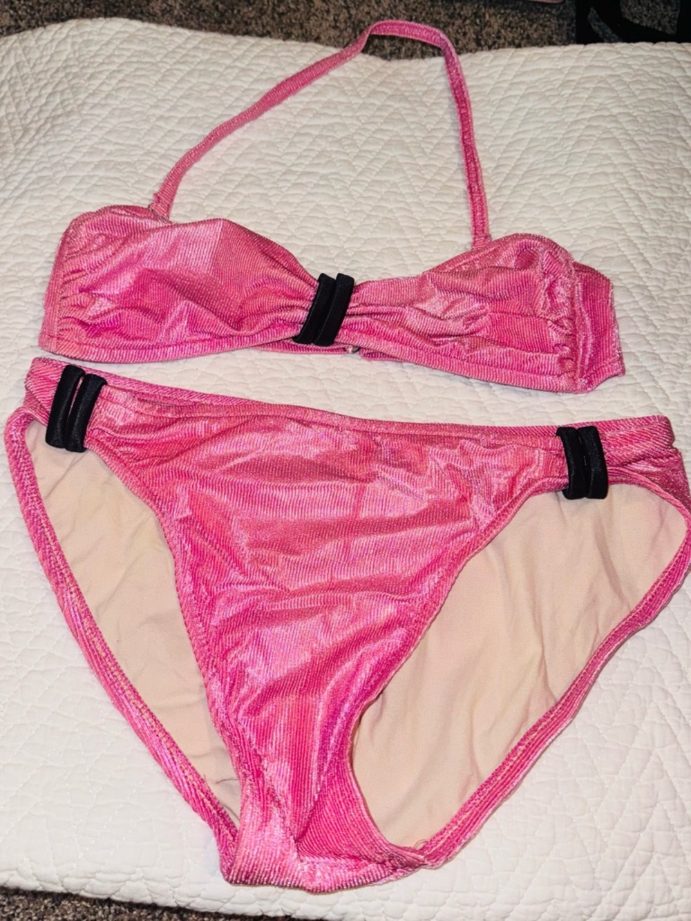 👑 Size 10 Vintage Jantzen Pink Shimmer Bikini Set with Black Accent